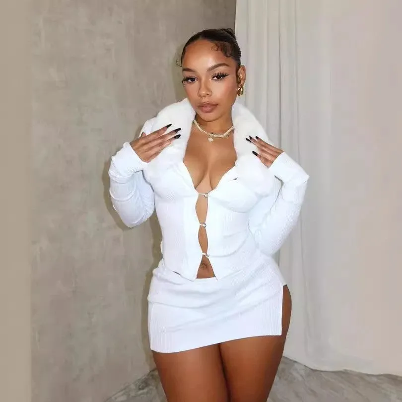 Stylish Furry Collar Long Sleeve Top and Asymmetrical Split Skirt Set