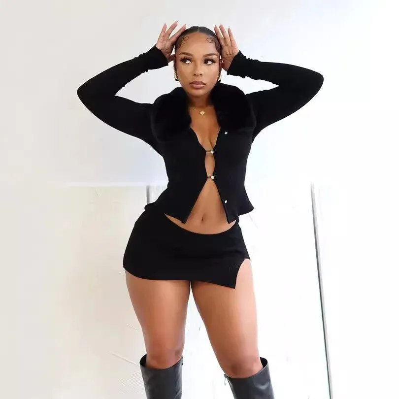 Stylish Furry Collar Long Sleeve Top and Asymmetrical Split Skirt Set