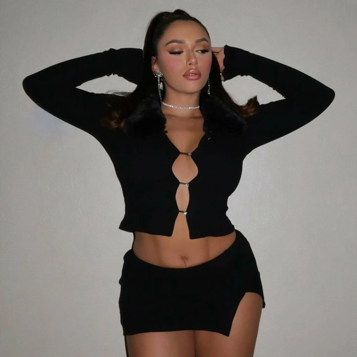 Stylish Furry Collar Long Sleeve Top and Asymmetrical Split Skirt Set