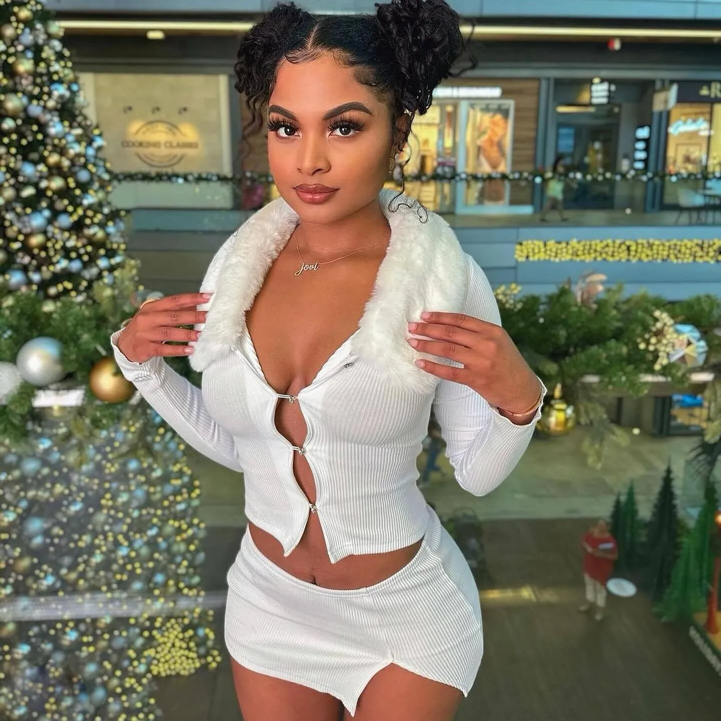Stylish Furry Collar Long Sleeve Top and Asymmetrical Split Skirt Set