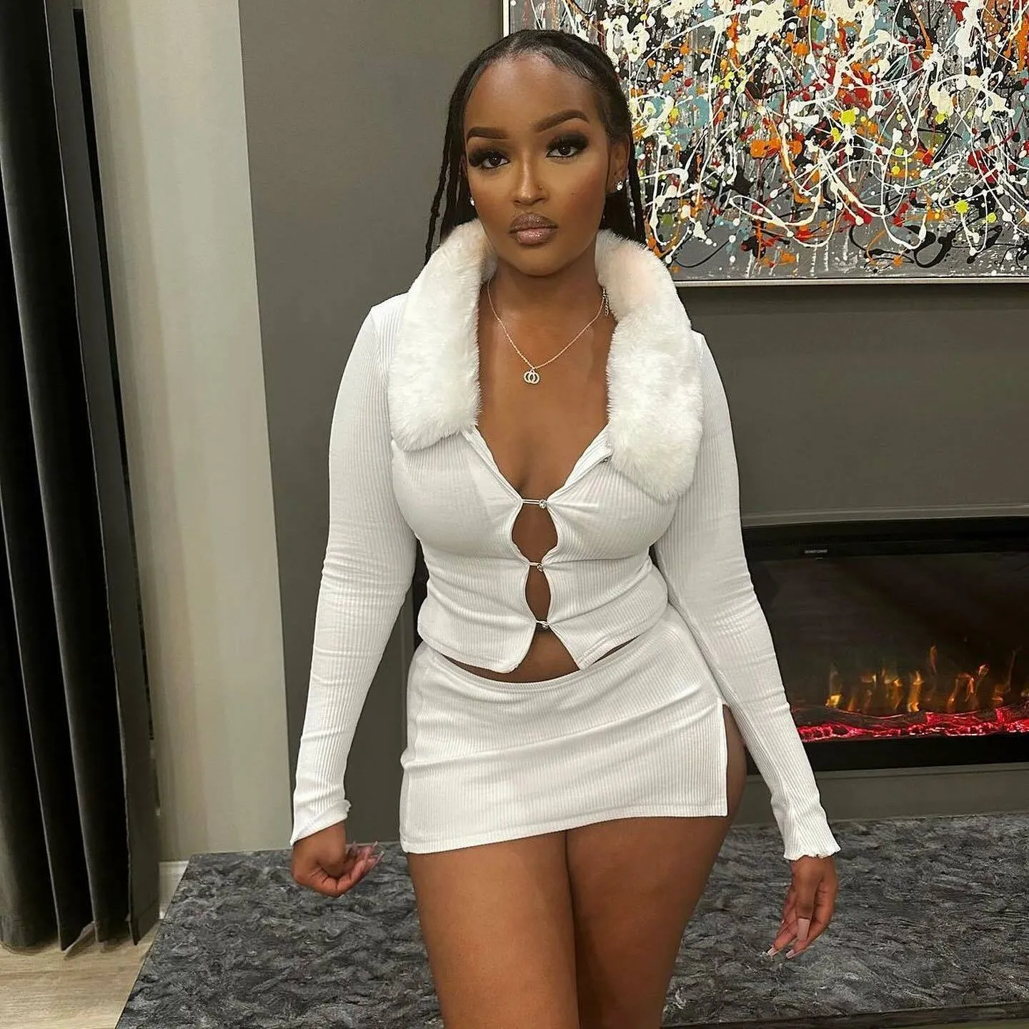 Stylish Furry Collar Long Sleeve Top and Asymmetrical Split Skirt Set