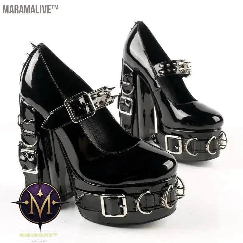Super High Heels Gothic Pumps Metal Buckle Belt Rings Rivet Sexy Platform Cosplay Chunky High Heels Ankle Strap High Heel Shoes