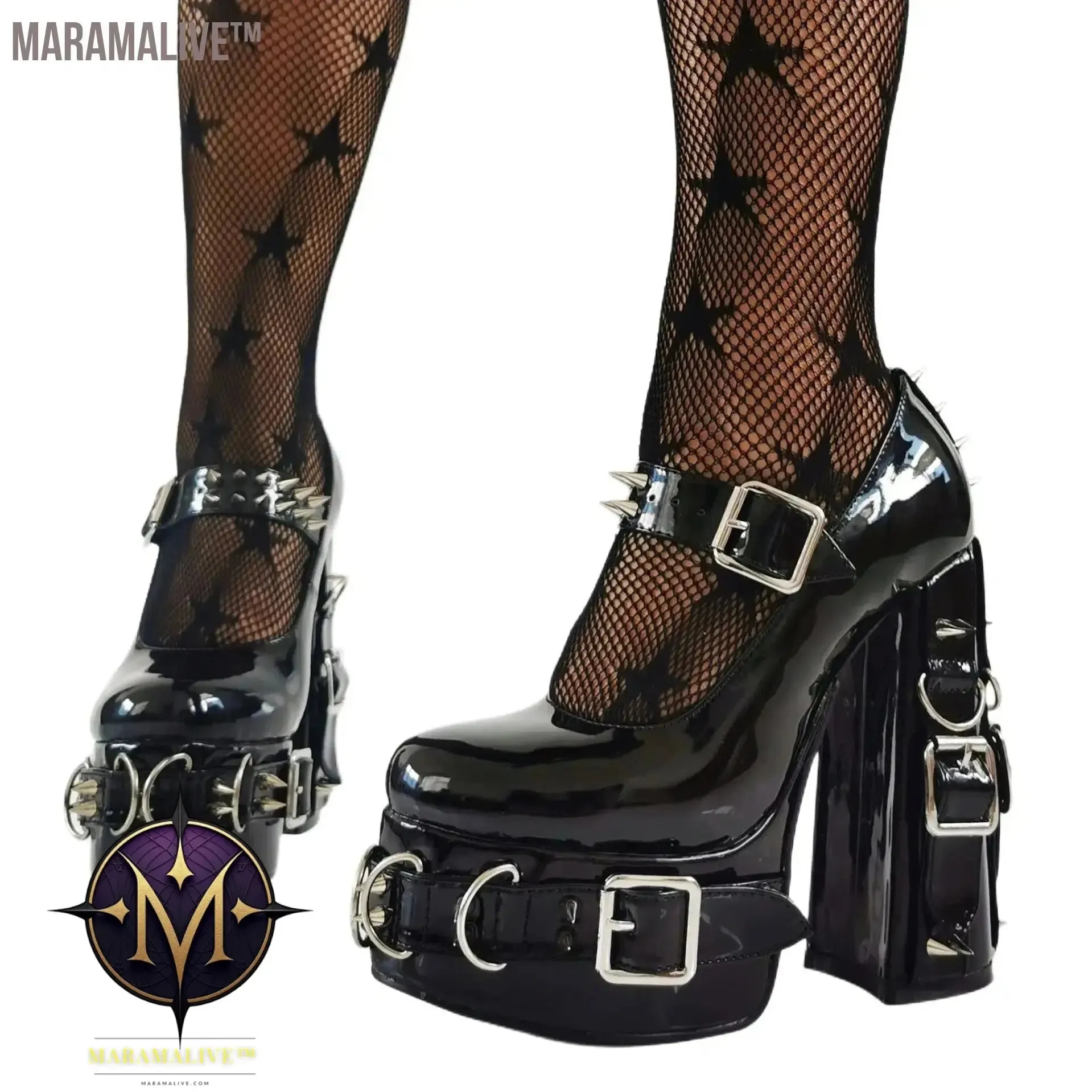 Super High Heels Gothic Pumps Metal Buckle Belt Rings Rivet Sexy Platform Cosplay Chunky High Heels Ankle Strap High Heel Shoes