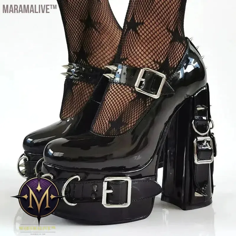 Super High Heels Gothic Pumps Metal Buckle Belt Rings Rivet Sexy Platform Cosplay Chunky High Heels Ankle Strap High Heel Shoes