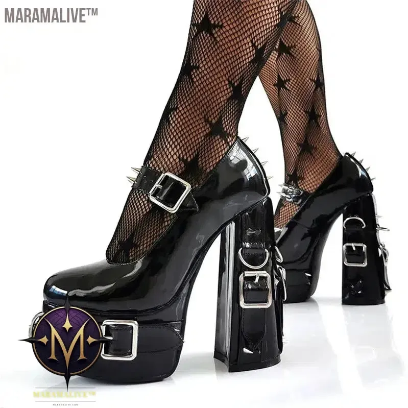 Super High Heels Gothic Pumps Metal Buckle Belt Rings Rivet Sexy Platform Cosplay Chunky High Heels Ankle Strap High Heel Shoes