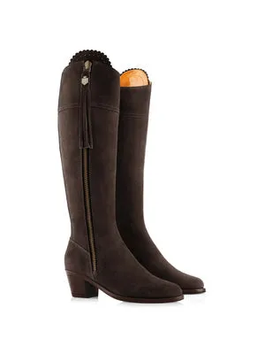 The Regina Women's Tall Heeled Boot - Chocolate Suede, Sporting Calf