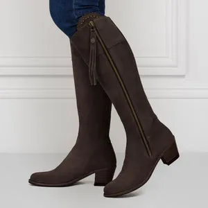 The Regina Women's Tall Heeled Boot - Chocolate Suede, Sporting Calf