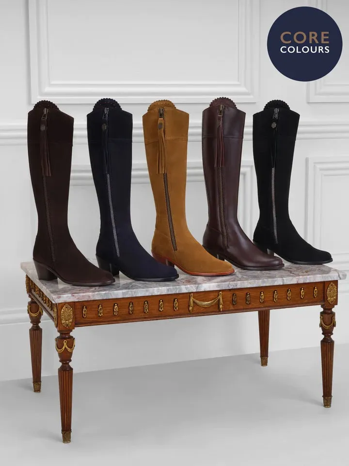 The Regina Women's Tall Heeled Boot - Navy Blue Suede, Sporting Calf