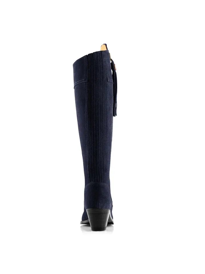 The Regina Women's Tall Heeled Boot - Navy Blue Suede, Sporting Calf
