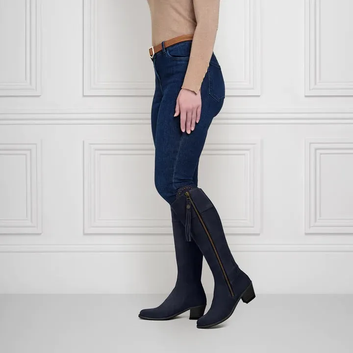 The Regina Women's Tall Heeled Boot - Navy Blue Suede, Sporting Calf
