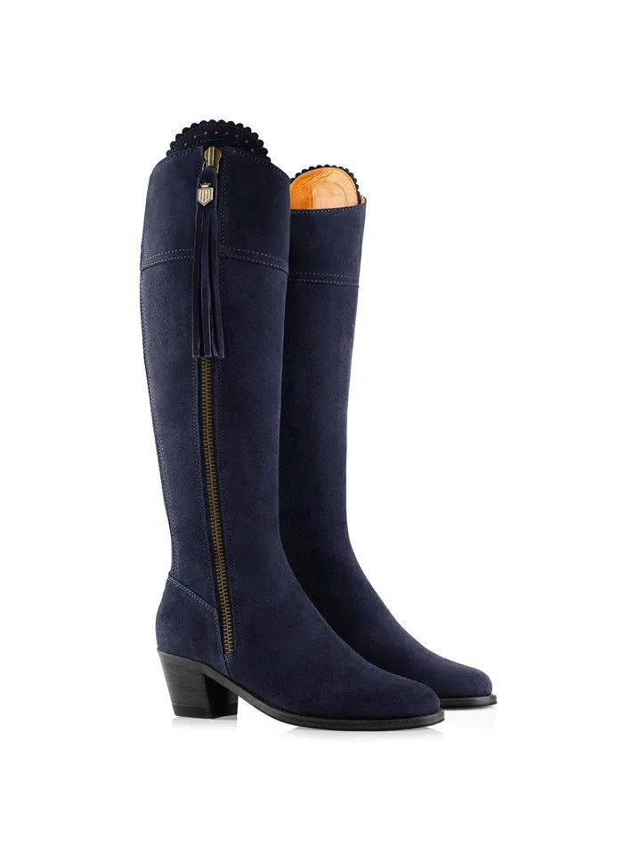 The Regina Women's Tall Heeled Boot - Navy Blue Suede, Sporting Calf