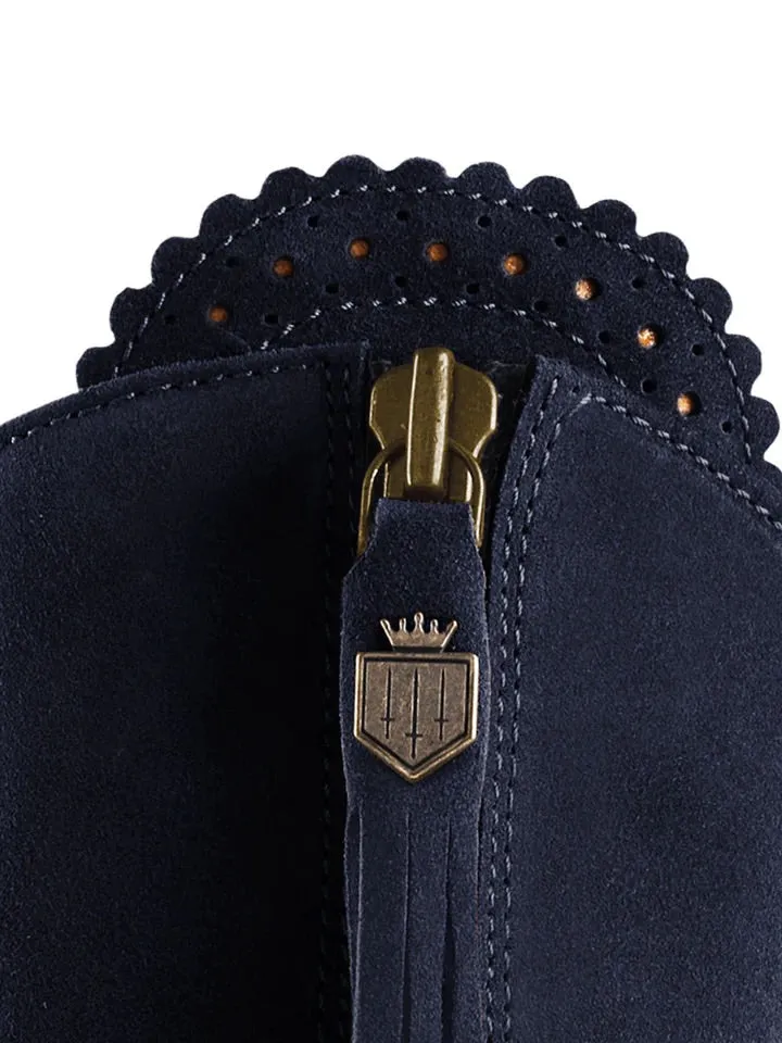 The Regina Women's Tall Heeled Boot - Navy Blue Suede, Sporting Calf