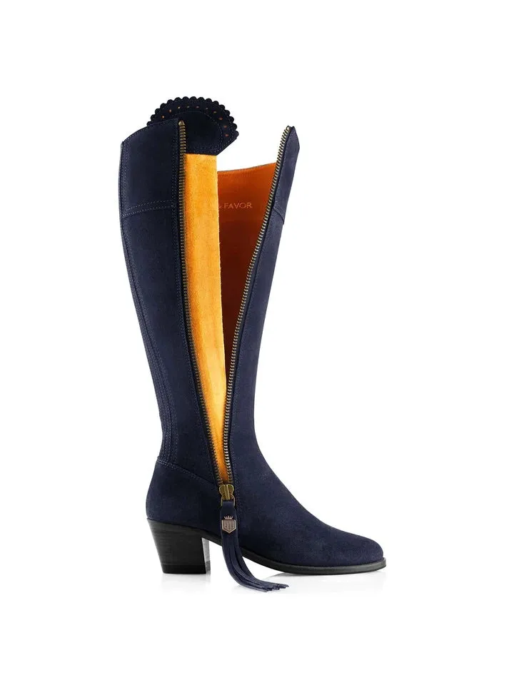 The Regina Women's Tall Heeled Boot - Navy Blue Suede, Sporting Calf