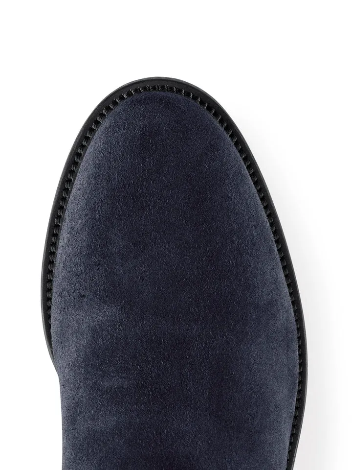 The Regina Women's Tall Heeled Boot - Navy Blue Suede, Sporting Calf
