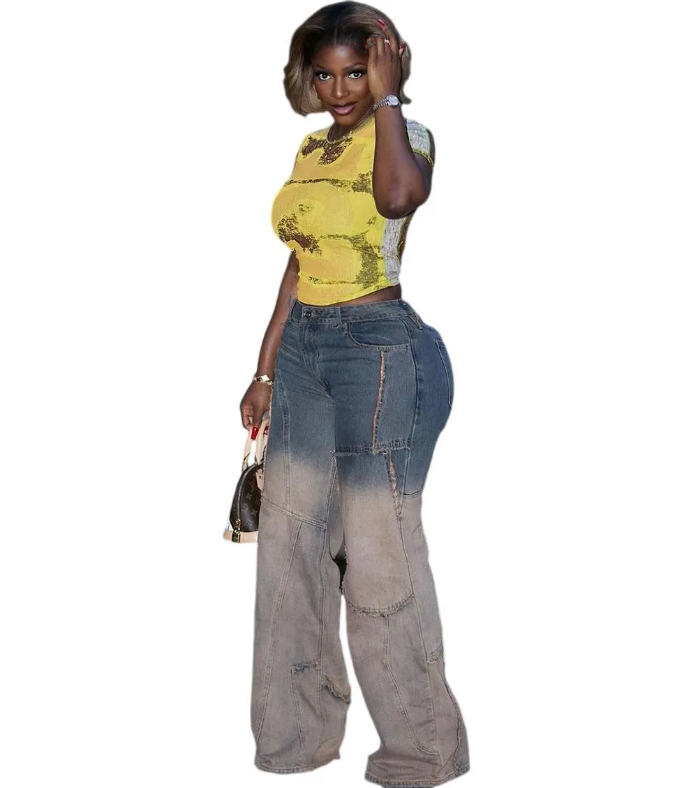 Trendy Two-Tone Gradient Wide-Leg Distressed Denim Jeans