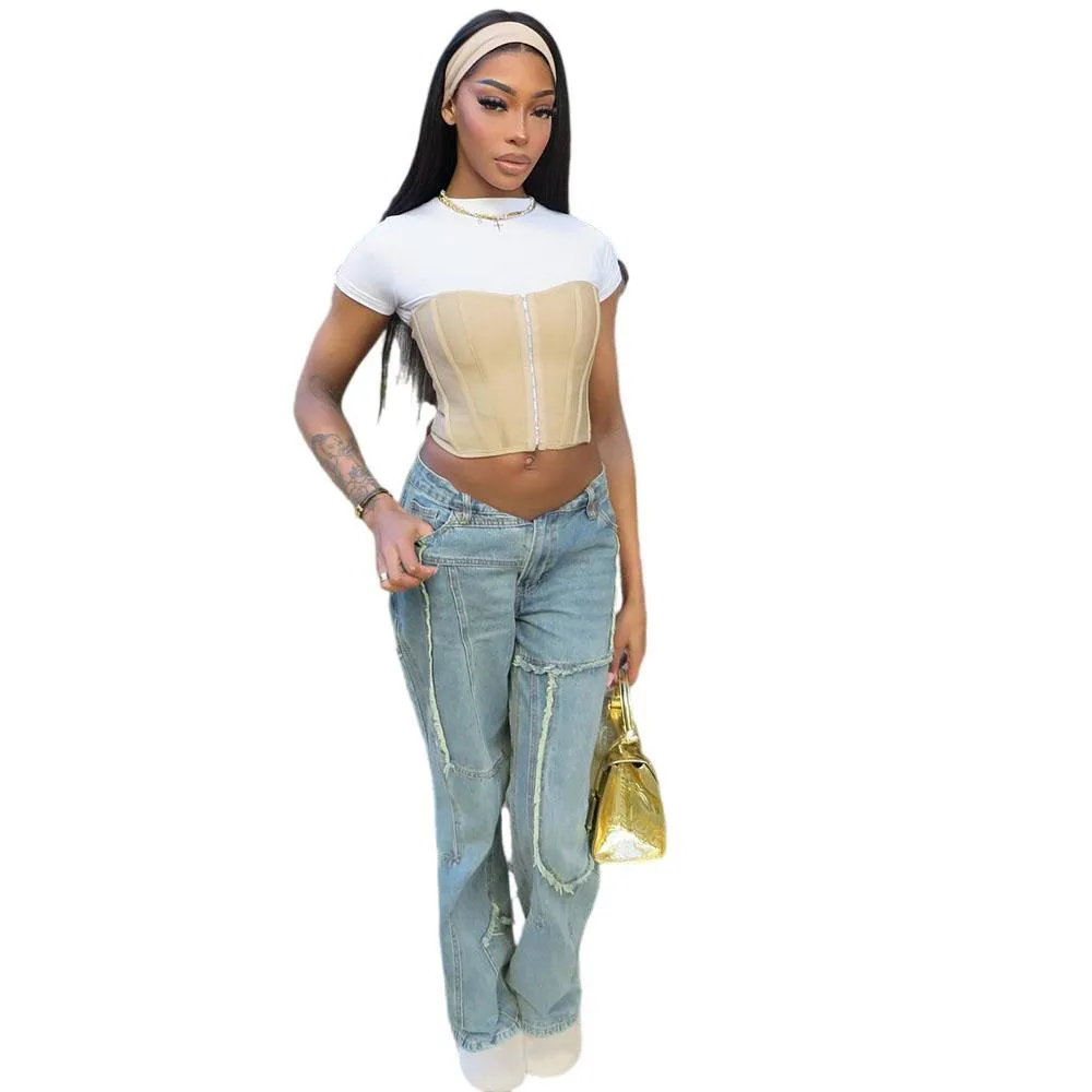 Trendy Two-Tone Gradient Wide-Leg Distressed Denim Jeans