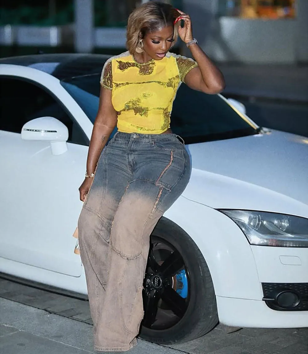 Trendy Two-Tone Gradient Wide-Leg Distressed Denim Jeans