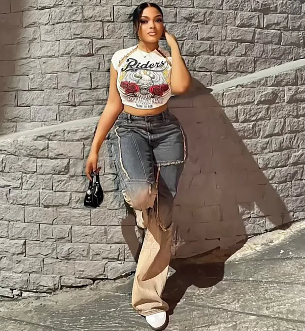 Trendy Two-Tone Gradient Wide-Leg Distressed Denim Jeans