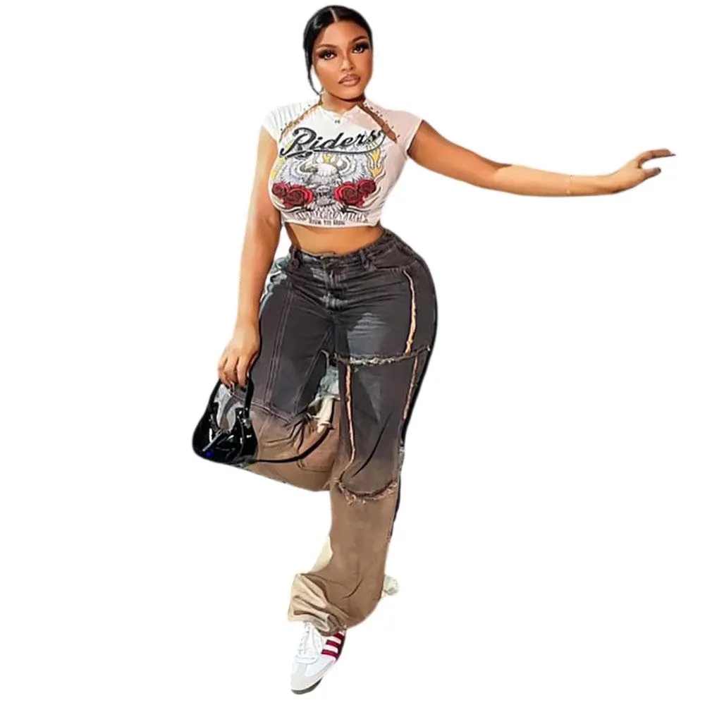 Trendy Two-Tone Gradient Wide-Leg Distressed Denim Jeans