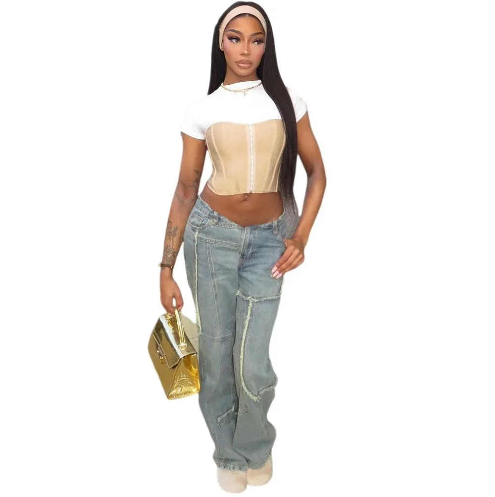 Trendy Two-Tone Gradient Wide-Leg Distressed Denim Jeans