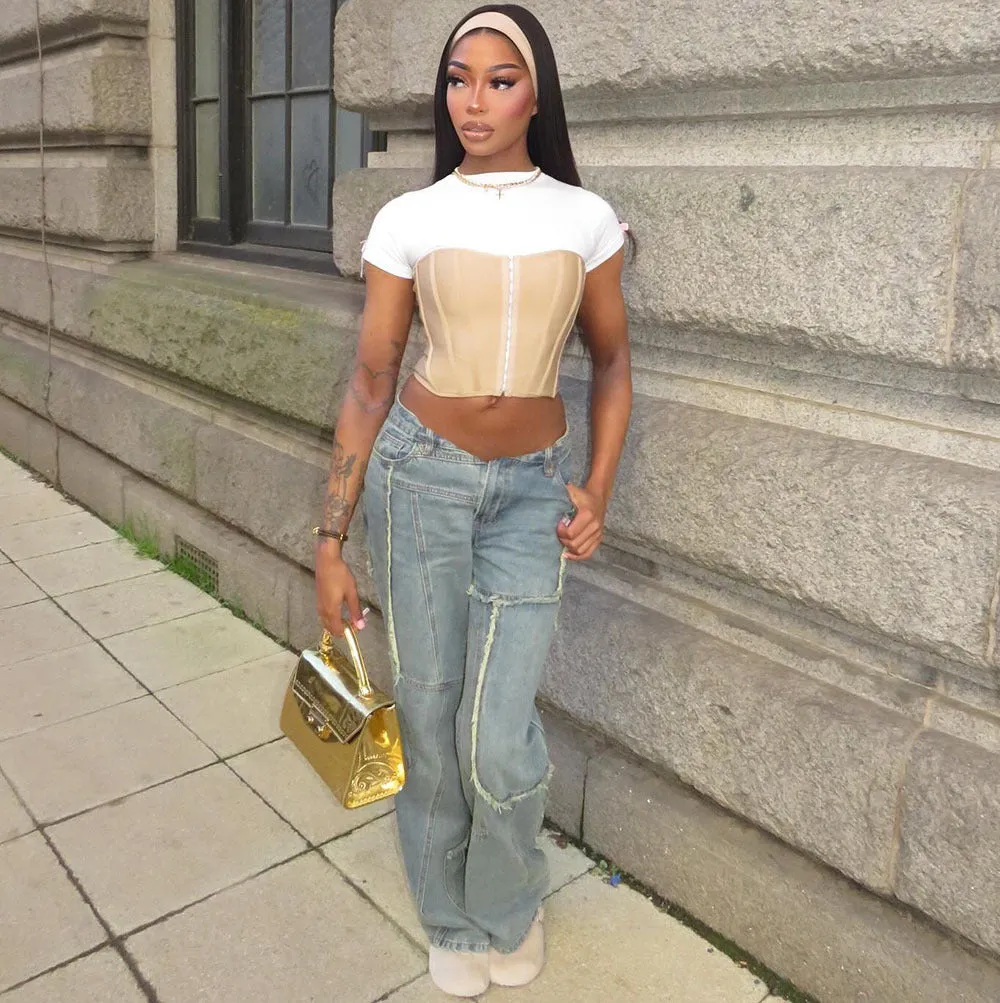 Trendy Two-Tone Gradient Wide-Leg Distressed Denim Jeans