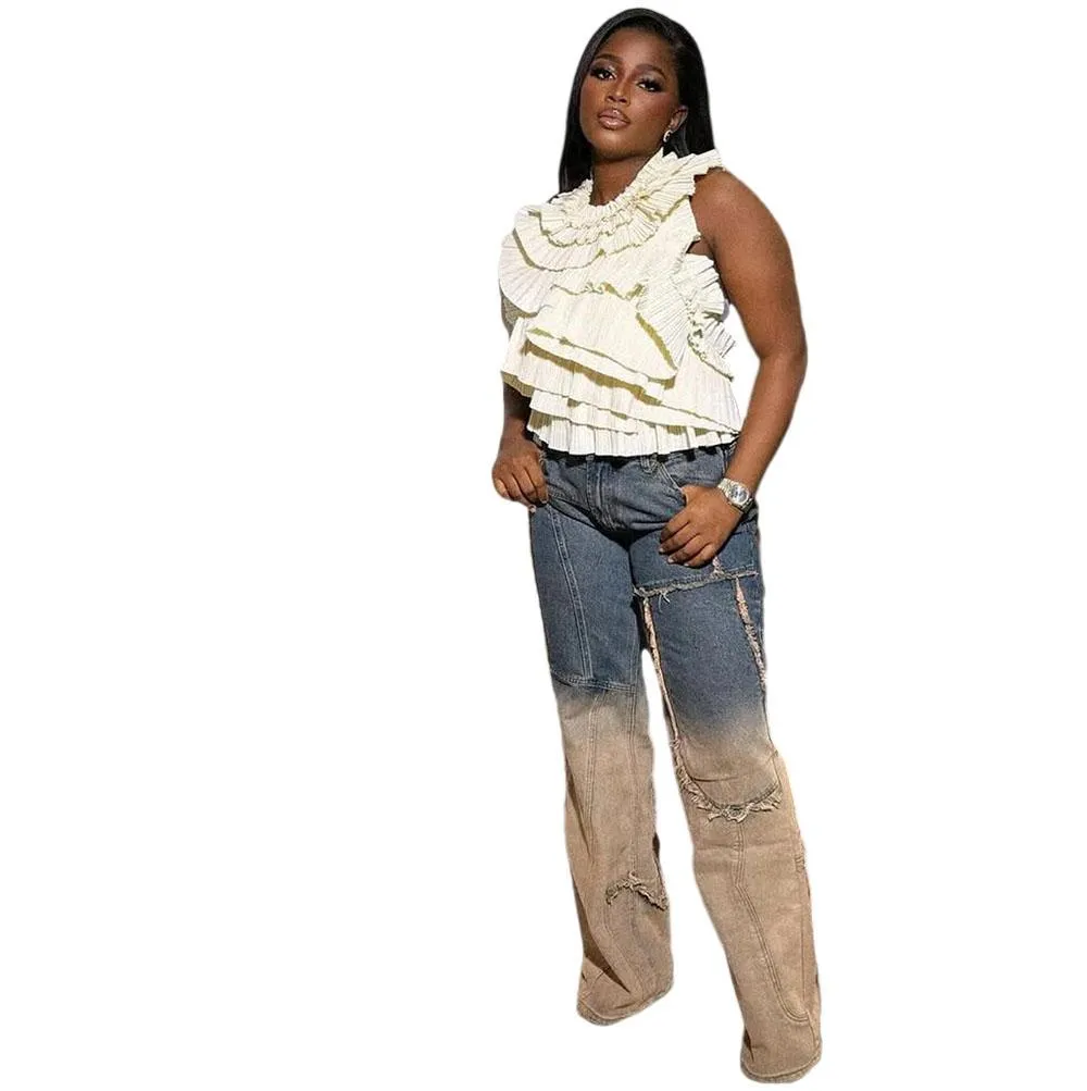 Trendy Two-Tone Gradient Wide-Leg Distressed Denim Jeans