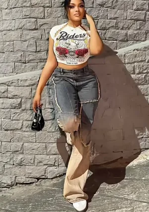 Trendy Two-Tone Gradient Wide-Leg Distressed Denim Jeans