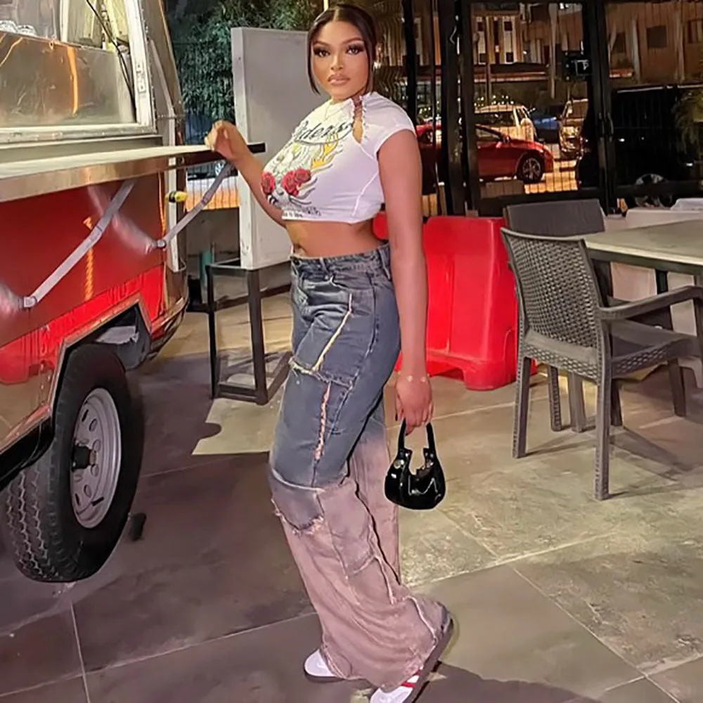 Trendy Two-Tone Gradient Wide-Leg Distressed Denim Jeans