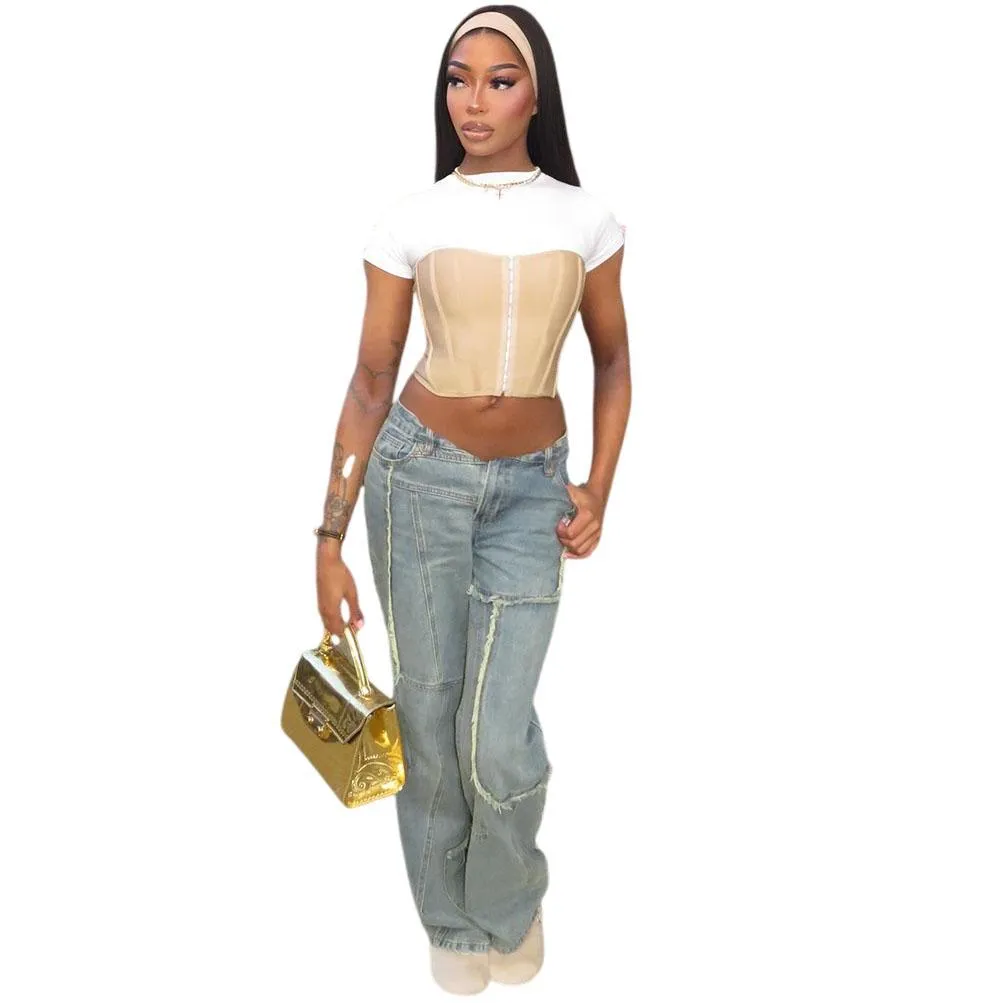 Trendy Two-Tone Gradient Wide-Leg Distressed Denim Jeans
