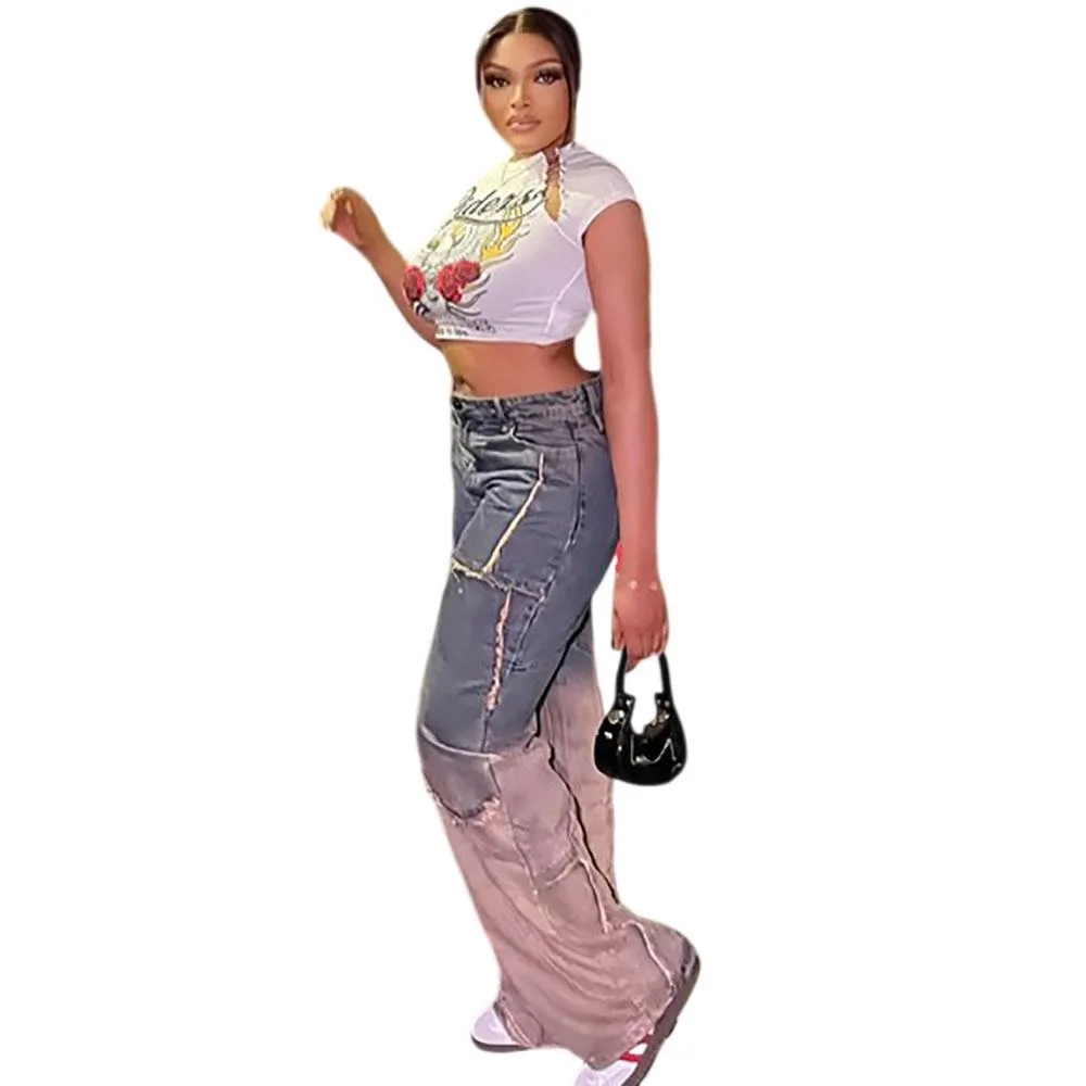 Trendy Two-Tone Gradient Wide-Leg Distressed Denim Jeans