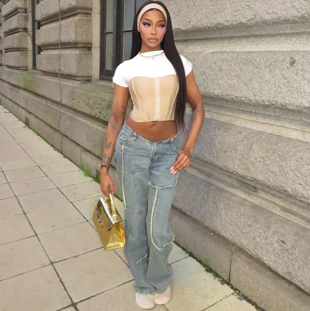 Trendy Two-Tone Gradient Wide-Leg Distressed Denim Jeans