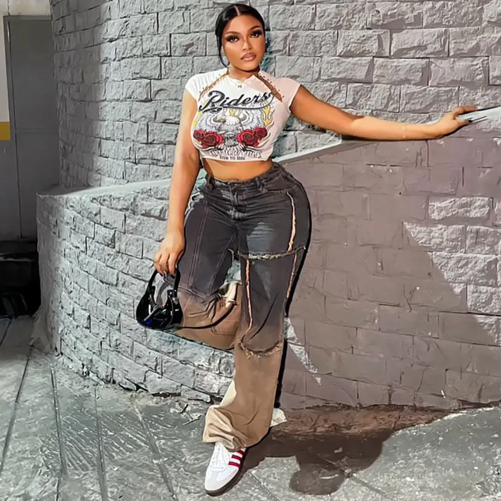 Trendy Two-Tone Gradient Wide-Leg Distressed Denim Jeans