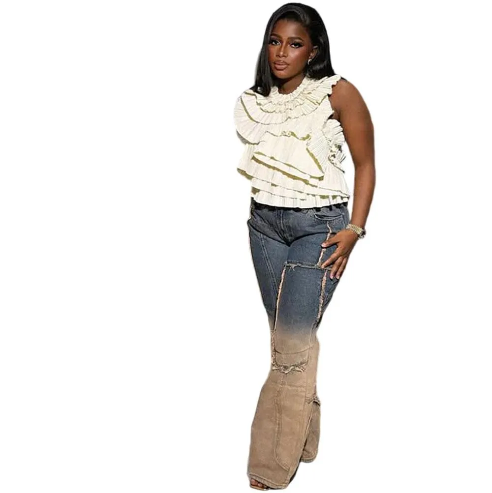 Trendy Two-Tone Gradient Wide-Leg Distressed Denim Jeans