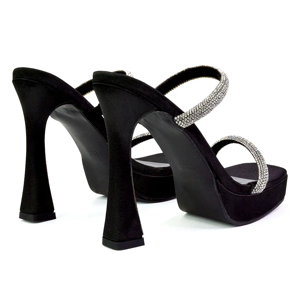 Verony Diamante Strappy Square Toe Platform High Heel Mule Sandals in Black
