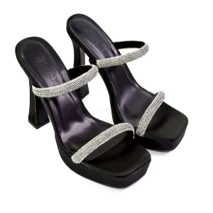 Verony Diamante Strappy Square Toe Platform High Heel Mule Sandals in Black