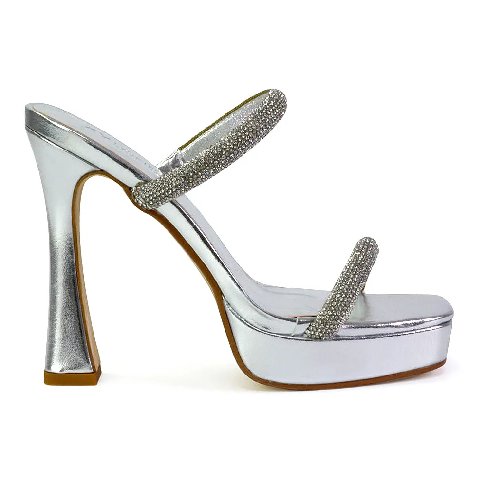 Verony Diamante Strappy Square Toe Platform High Heel Mule Sandals in Black