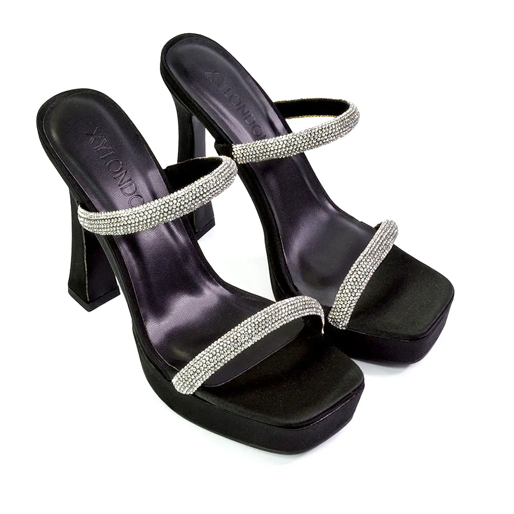 Verony Diamante Strappy Square Toe Platform High Heel Mule Sandals in Black