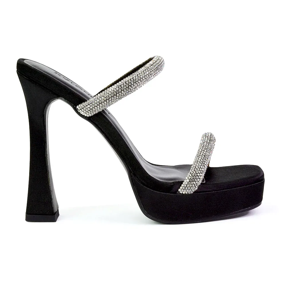 Verony Diamante Strappy Square Toe Platform High Heel Mule Sandals in Black