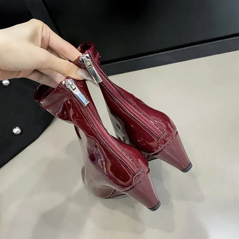 VougeVamp Handmade Patent Leather Chelsea Ankle Boots – Pointed Toe Wedge Heels with Zipper Closure