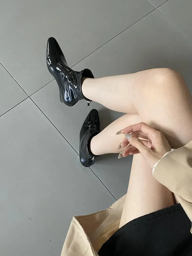 VougeVamp Handmade Patent Leather Chelsea Ankle Boots – Pointed Toe Wedge Heels with Zipper Closure
