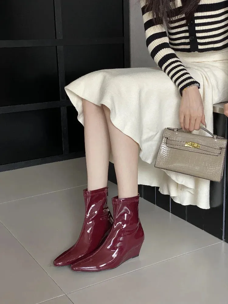 VougeVamp Handmade Patent Leather Chelsea Ankle Boots – Pointed Toe Wedge Heels with Zipper Closure