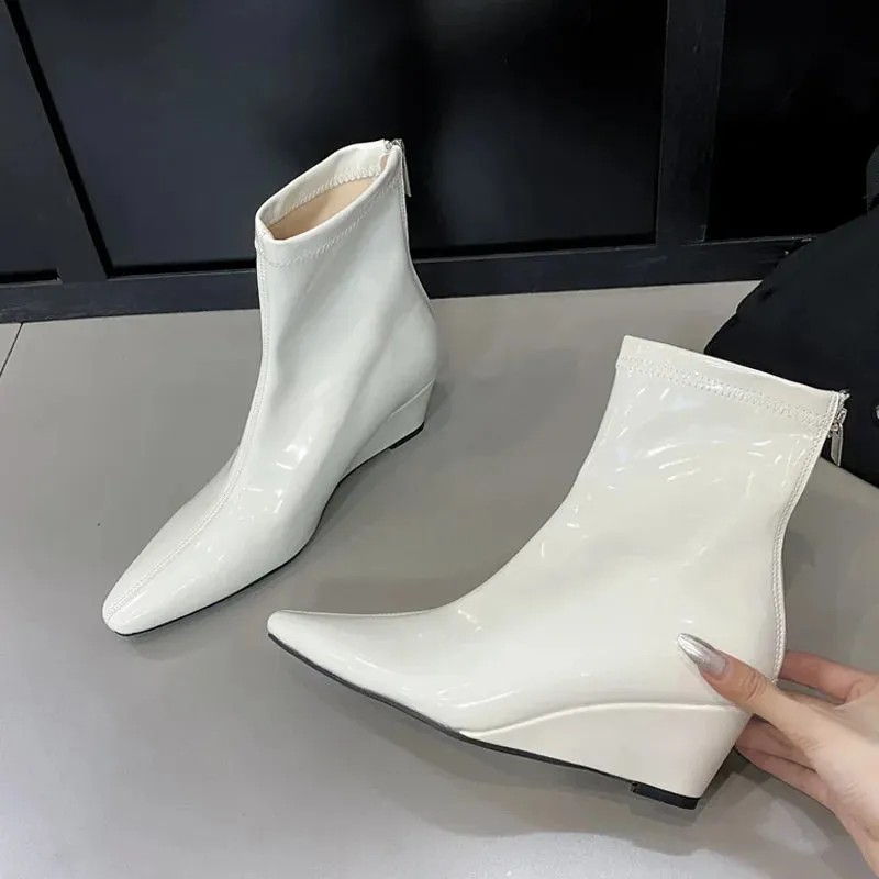 VougeVamp Handmade Patent Leather Chelsea Ankle Boots – Pointed Toe Wedge Heels with Zipper Closure