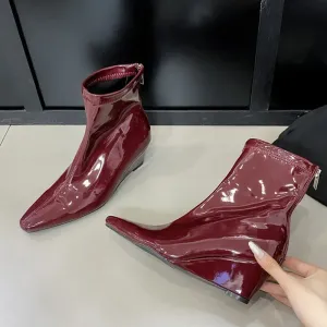 VougeVamp Handmade Patent Leather Chelsea Ankle Boots – Pointed Toe Wedge Heels with Zipper Closure