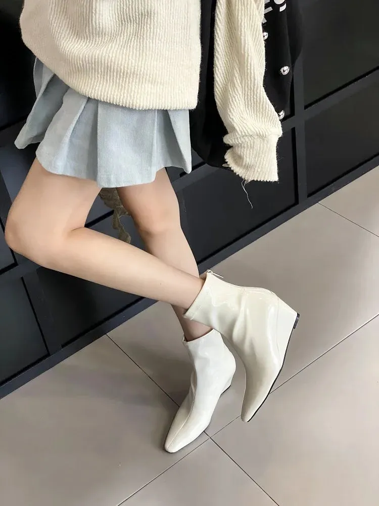 VougeVamp Handmade Patent Leather Chelsea Ankle Boots – Pointed Toe Wedge Heels with Zipper Closure