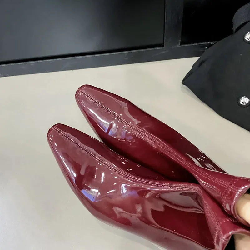 VougeVamp Handmade Patent Leather Chelsea Ankle Boots – Pointed Toe Wedge Heels with Zipper Closure