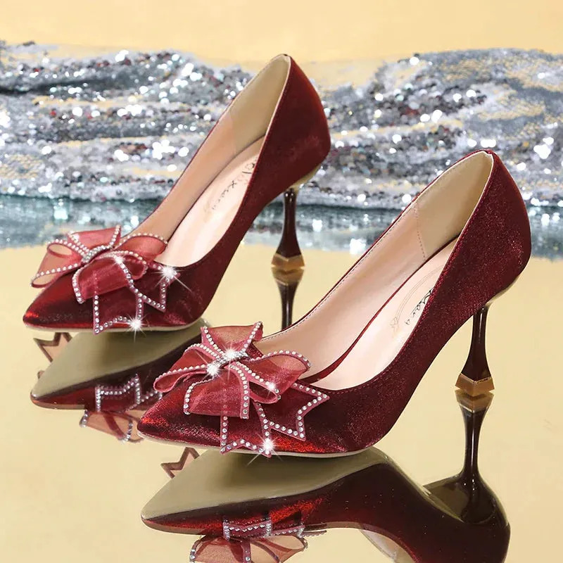 VougeVamp Rhinestone Bow Pointed Toe Stiletto Pumps – Elegant Satin Bridal & Wedding Heels