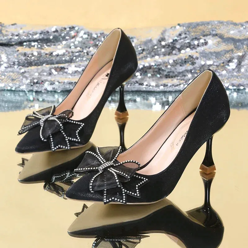 VougeVamp Rhinestone Bow Pointed Toe Stiletto Pumps – Elegant Satin Bridal & Wedding Heels