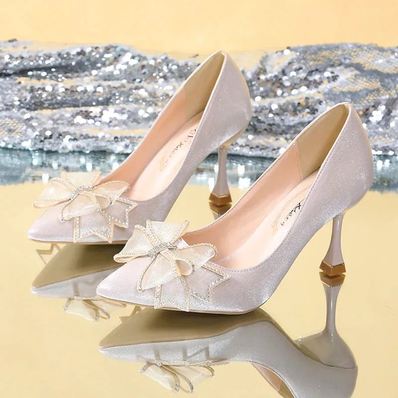 VougeVamp Rhinestone Bow Pointed Toe Stiletto Pumps – Elegant Satin Bridal & Wedding Heels