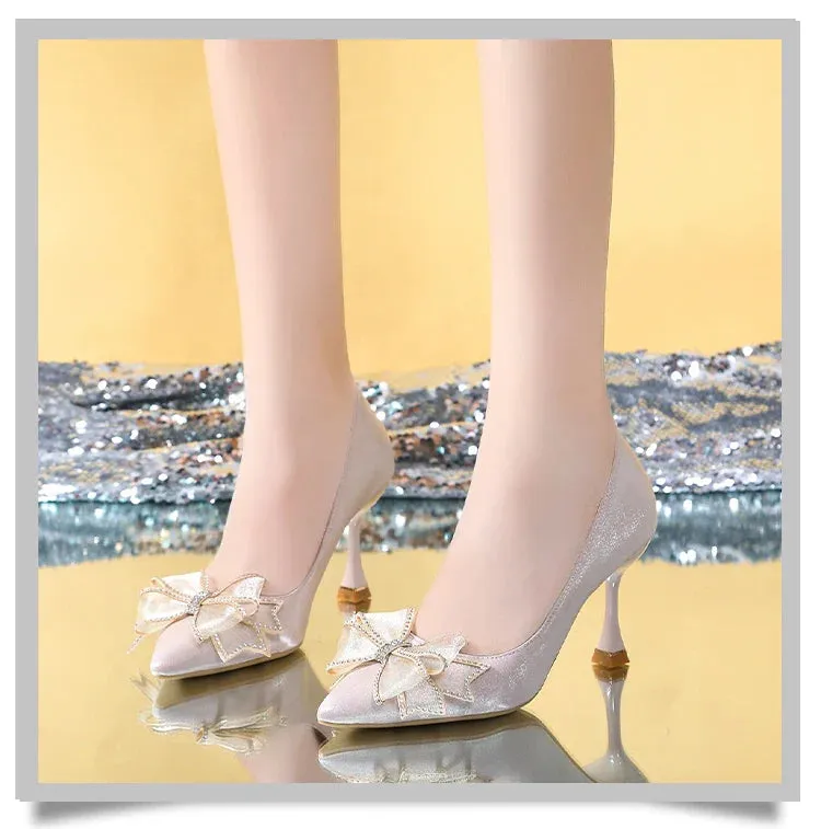 VougeVamp Rhinestone Bow Pointed Toe Stiletto Pumps – Elegant Satin Bridal & Wedding Heels