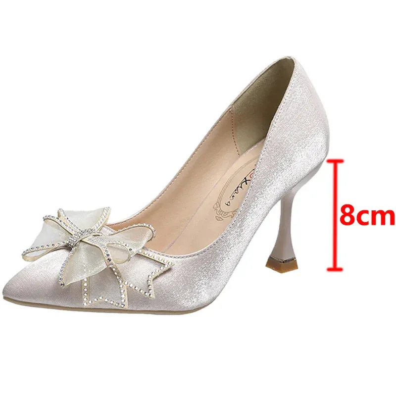 VougeVamp Rhinestone Bow Pointed Toe Stiletto Pumps – Elegant Satin Bridal & Wedding Heels